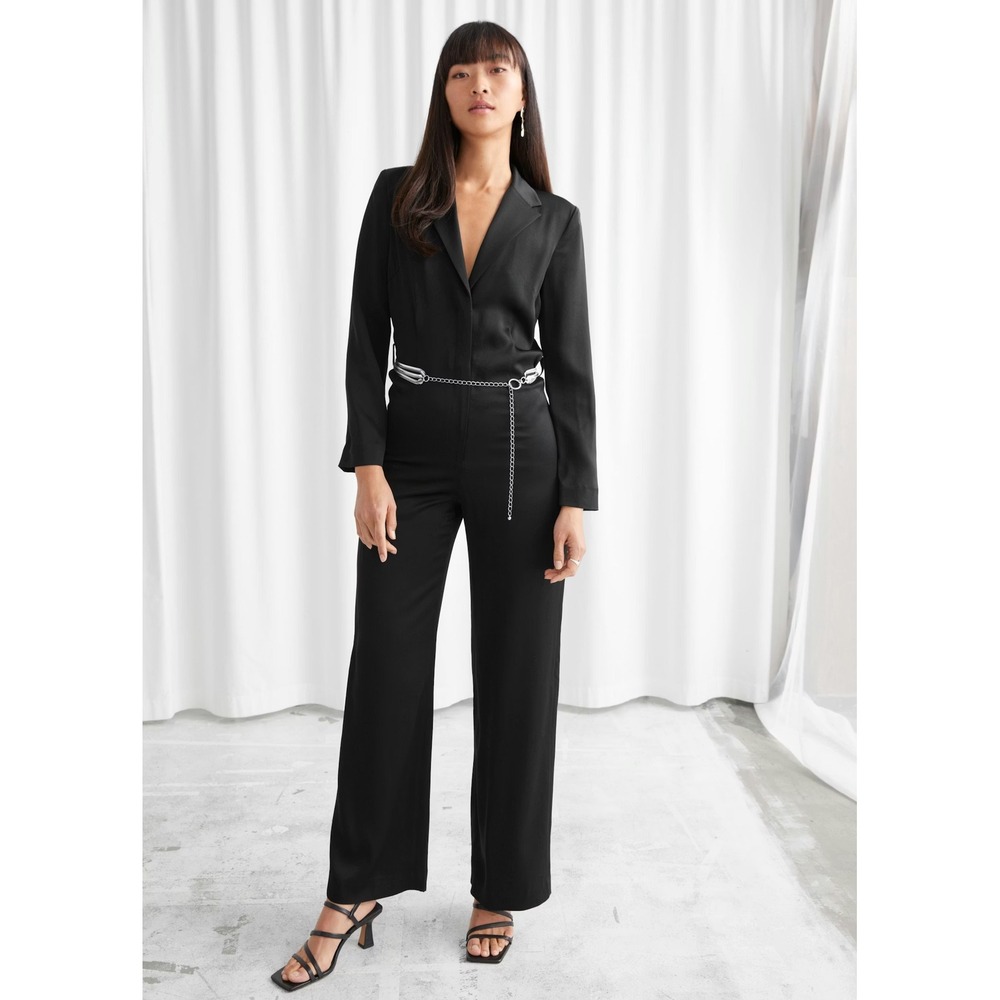 & Other Stories Fluid Padded Shoulder Satin Jumpsuit Sz 6 Black Wide Leg‎ V Neck